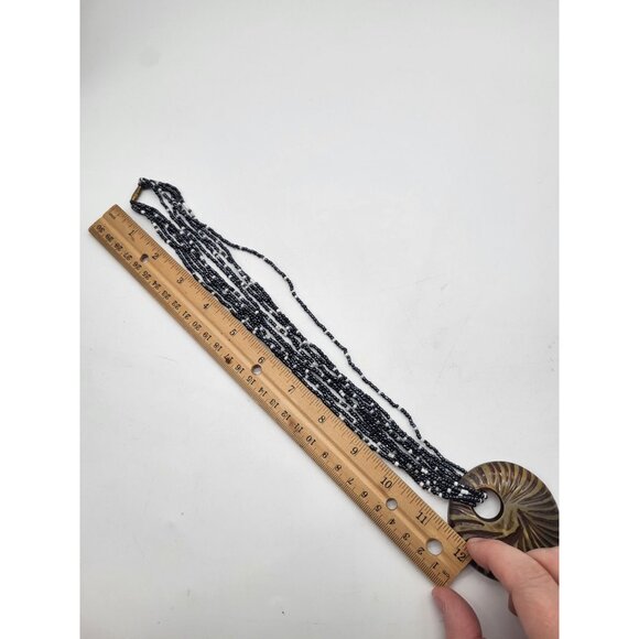 Boho Multi Strand Seed Bead Necklace w/Circle Disc Wood Pendant - Picture 8 of 10